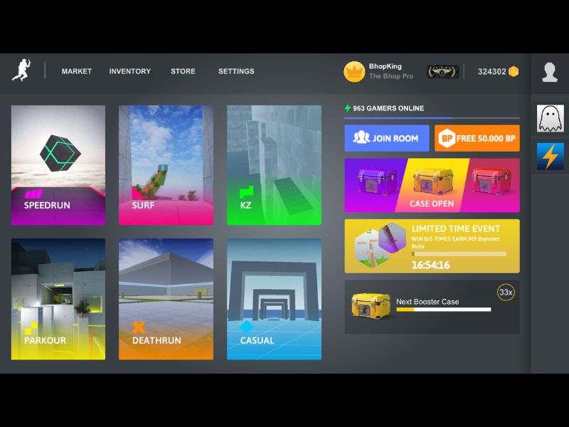Tải Bhop Pro Hack ( Full Tiền, Chạy Nhanh, Menu) v2.6.1 2 Nhiều chế độ chơi trong Bhop Pro
