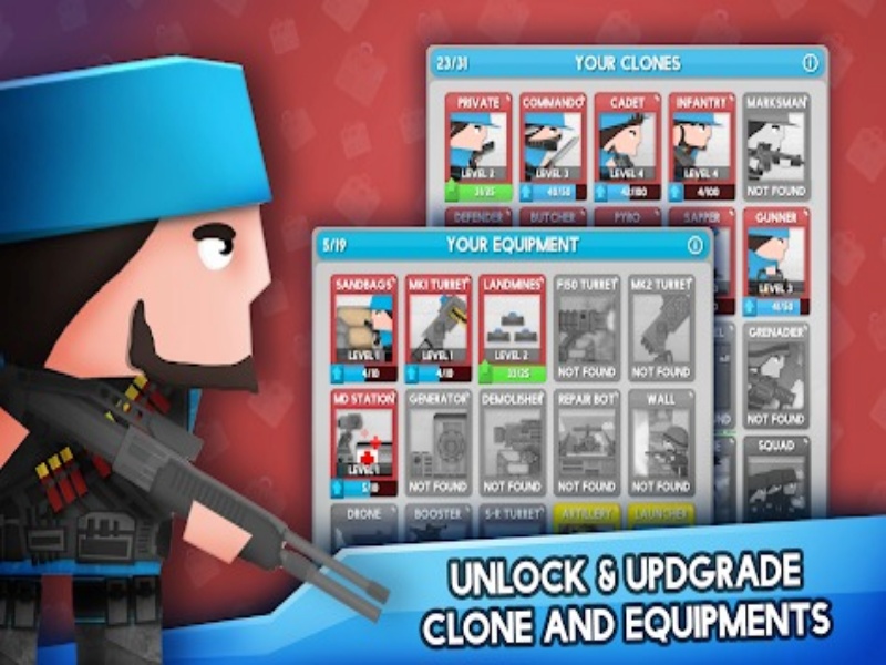 Tải Clone Armies Hack (MOD Menu, Vô Hạn Tiền) v10000.2.4 3 Kho vũ khí và trang bị quân sự đa dạng trong phiên bản Clone Armies Hack